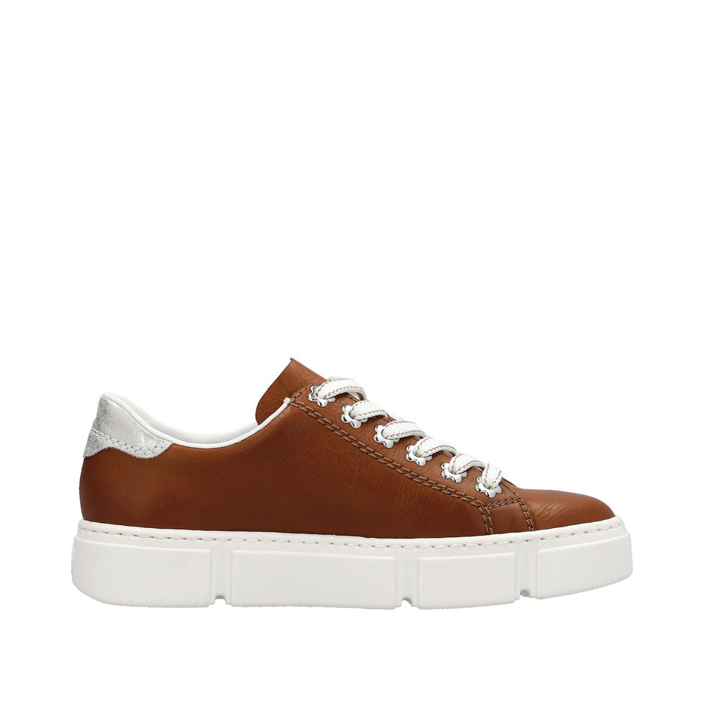 Brown leather sneaker with a white sole and silver heel tab.