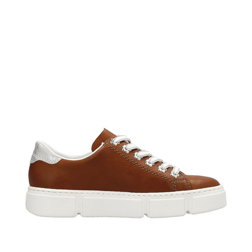 Brown leather sneaker with a white sole and silver heel tab.