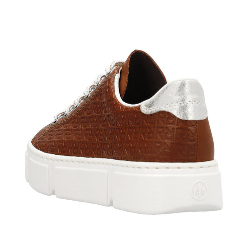 Brown low-top sneaker with a white platform sole and silver accent on the heel.