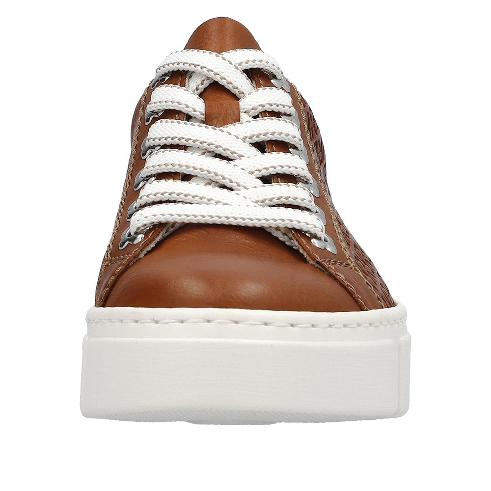 Brown textured leather sneakers with white laces and a thick white sole.