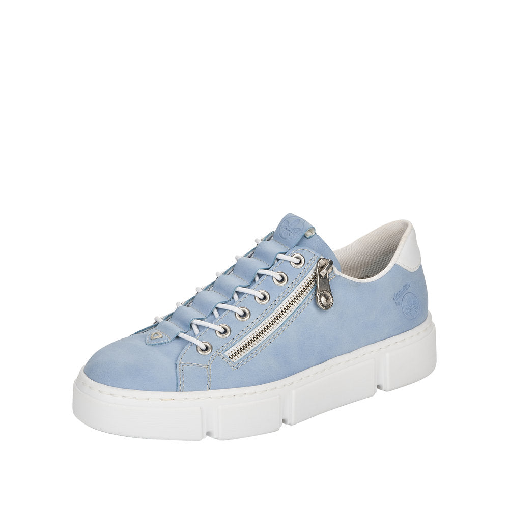 Light blue leather sneaker with white laces and a silver zipper.