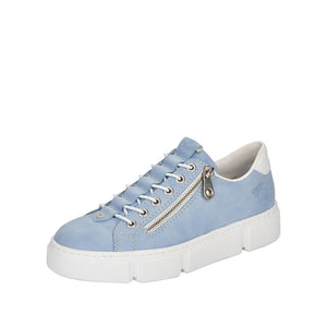 Light blue leather sneaker with white laces and a silver zipper.