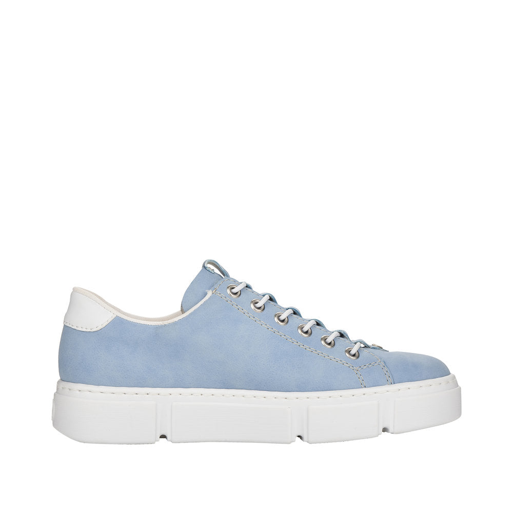 Light blue low-top sneaker with white sole and laces.