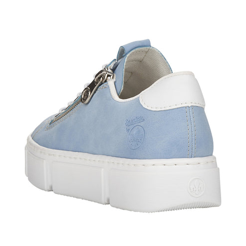 Low-top platform sneaker in baby blue with decorative zipper.