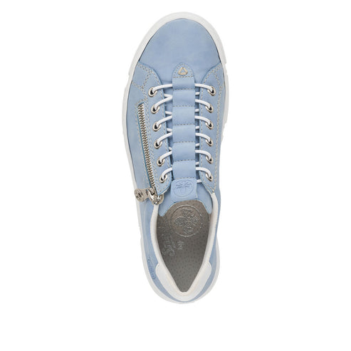 Light blue leather sneaker with white laces and sole, and silver zipper.