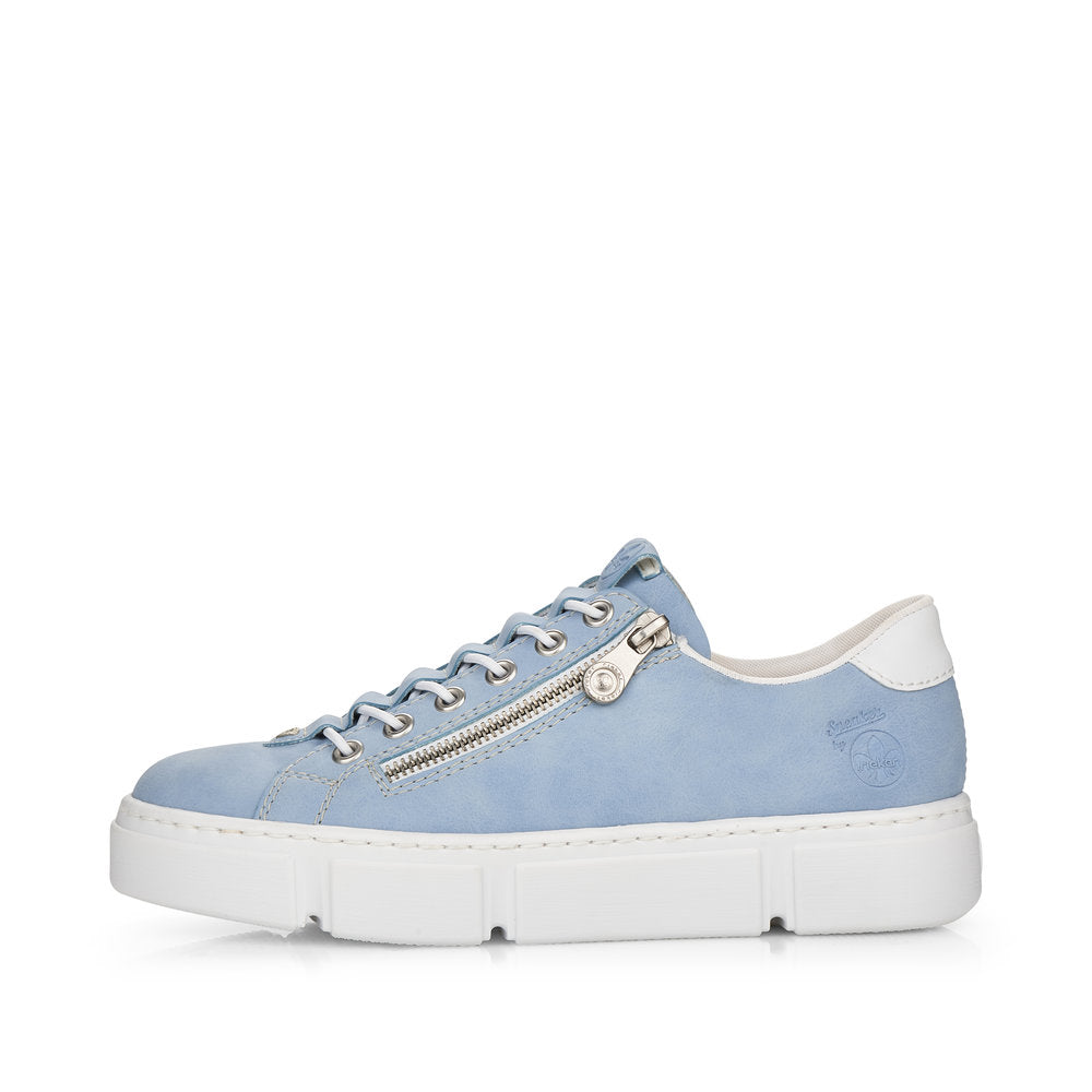 Light blue sneaker with a zipper detail and white sole and heel.