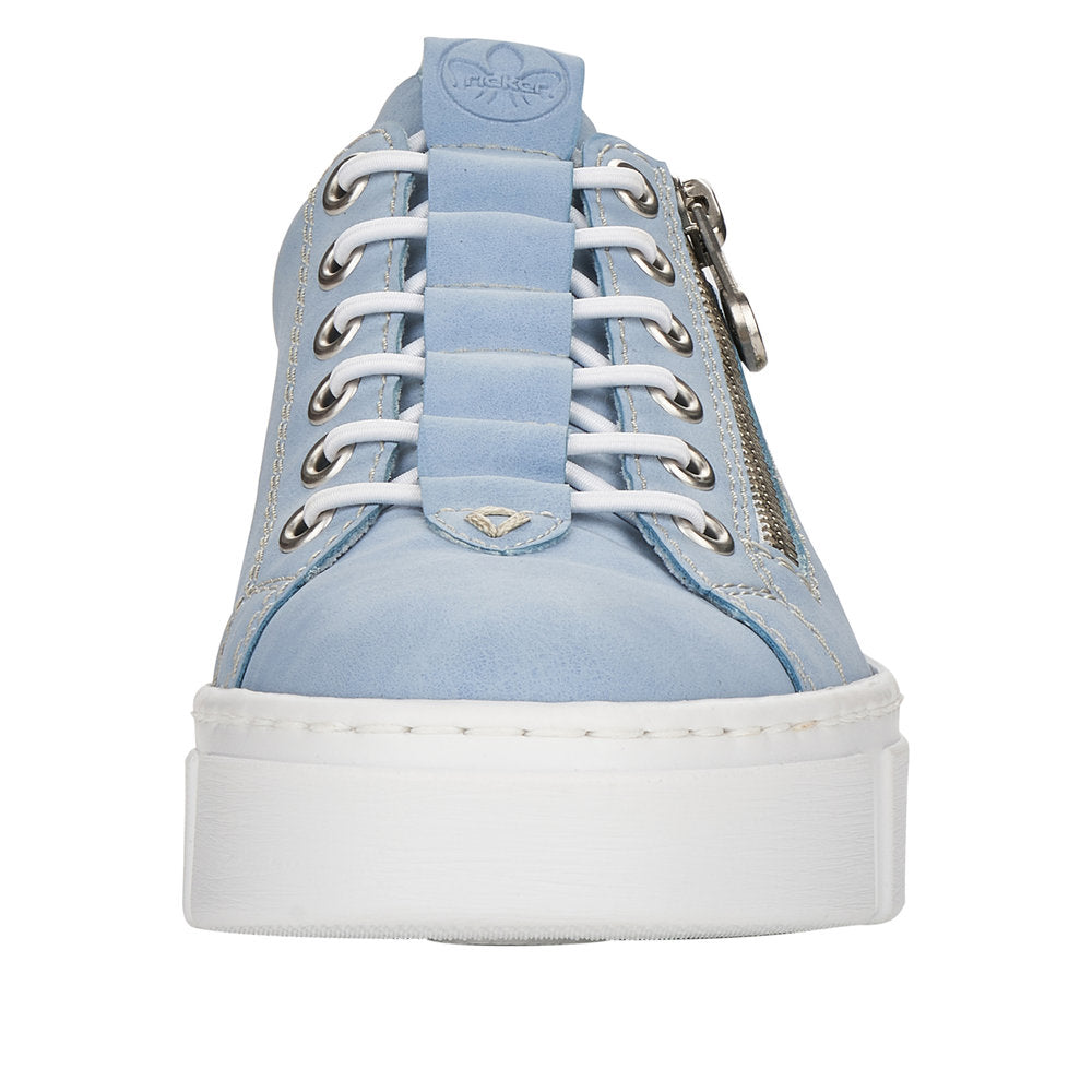 Light blue sneaker with white laces and platform sole.