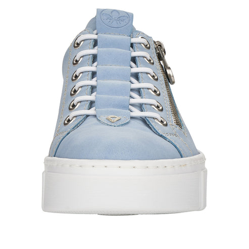 Light blue sneaker with white laces and platform sole.