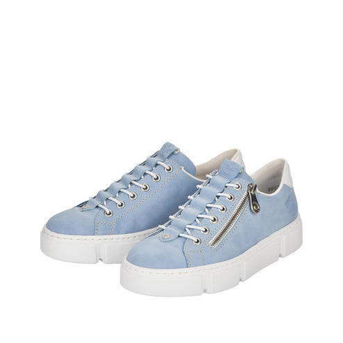 Pair of light blue sneakers with white laces and thick white soles.