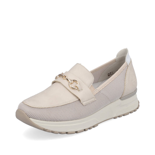 Beige loafer with a gold-toned metal horsebit detail.