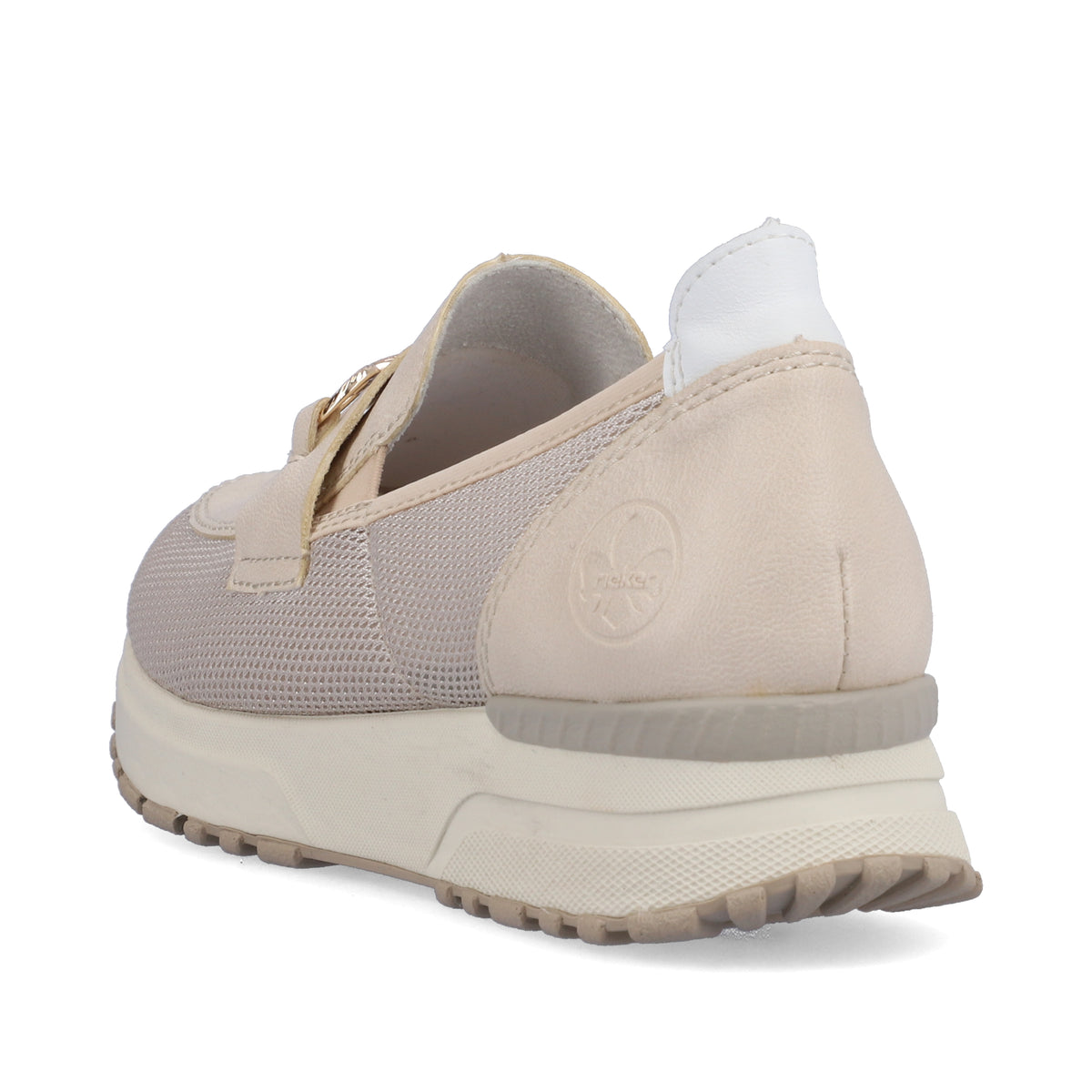 Beige slip-on shoe with mesh side, buckle, white heel, and thick sole.