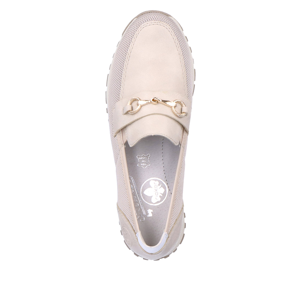 Top-down view of a cream-colored leather loafer with a gold buckle.