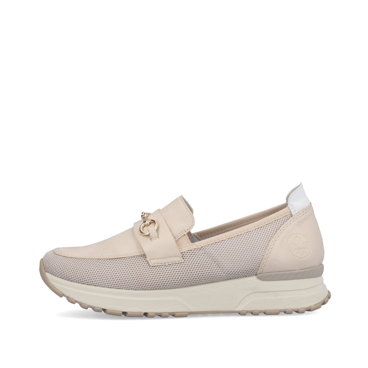 Beige loafer with a metal chain across the upper, a white heel tab, and a layered sole.