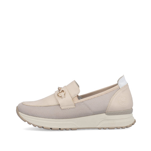Beige loafer with a metal chain across the upper, a white heel tab, and a layered sole.