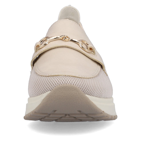 Beige slip-on loafer-style sneaker with a gold-toned horse-bit detail.