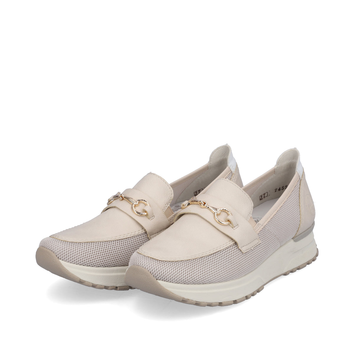 Pair of beige loafers with a gold horse-bit detail.