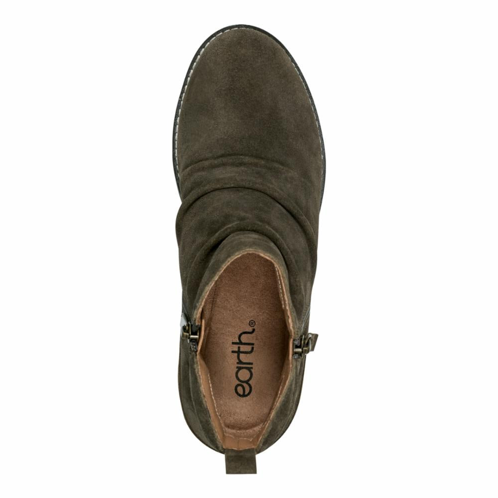 Top-down view of a suede olive-green ankle boot with side zipper and gathered vamp.