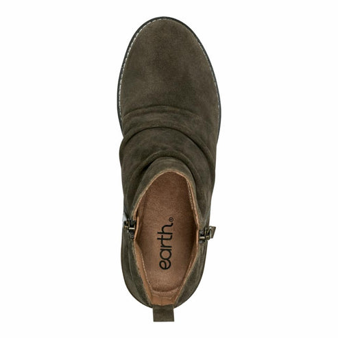 Top-down view of a suede olive-green ankle boot with side zipper and gathered vamp.
