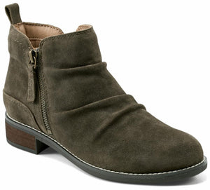 Ankle-high, olive-colored, suede boot with a side zipper and a low wooden heel.