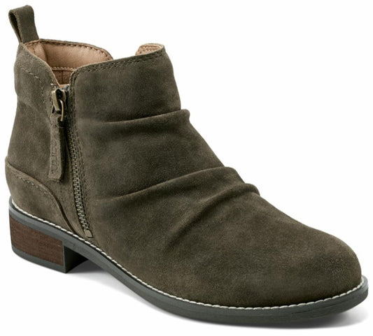 Ankle-high, olive-colored, suede boot with a side zipper and a low wooden heel.