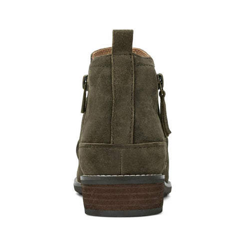 Olive green suede ankle boots with block heel and dual zippers.