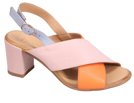 Pink and orange heeled sandal with light blue strap.