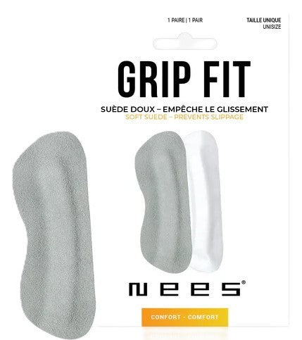 GRIP FIT package with one pair of suede heel grips. The package states, "soft suede - prevents slippage", and "unisex".