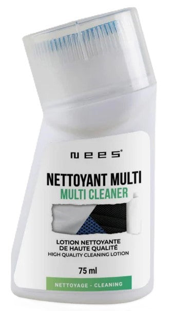 White bottle with an attached brush head displaying "NEES NETTOYANT MULTI MULTI CLEANER LOTION NETTOYANTE DE HAUTE QUALITÉ HIGH QUALITY CLEANING LOTION 75 ml NETTOYAGE CLEANING".
