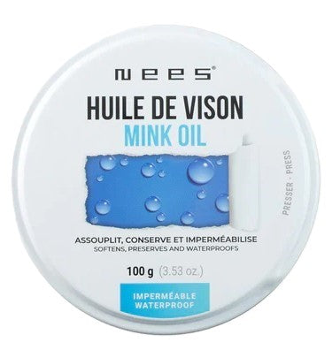 Jar of Mink Oil showing the words 'HUILE DE VISON' and 'MINK OIL', with an image of water drops. Text on jar says, 'Softens, preserves, and waterproofs', '100 g (3.53 oz.)' and 'WATERPROOF'.