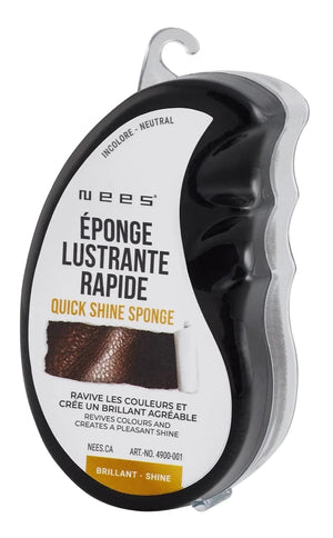 A black and clear plastic container holds a quick shine sponge labeled with text in French and English, including "ÉPONGE LUSTRANTE RAPIDE" and "QUICK SHINE SPONGE," along with the claim "REVIVES COLOURS AND CREATES A PLEASANT SHINE."