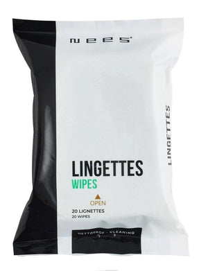 White and black pack of 20 cleaning wipes with the words "LINGETTES WIPES" and "NETTOYAGE - CLEANING" printed on it.