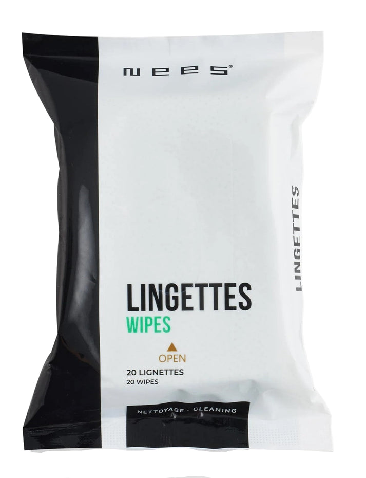 White and black pack of 20 cleaning wipes with the words "LINGETTES WIPES" and "NETTOYAGE - CLEANING" printed on it.