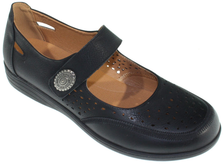 Black Mary Jane shoe with decorative perforated pattern and buttoned strap.