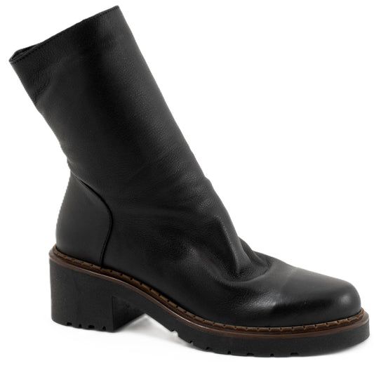 Black leather boot with a thick sole and stacked heel.
