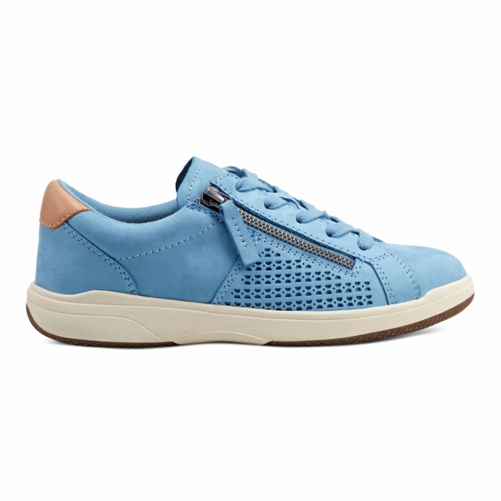 A light blue leather sneaker with perforated side, brown heel accent and zipper detail.