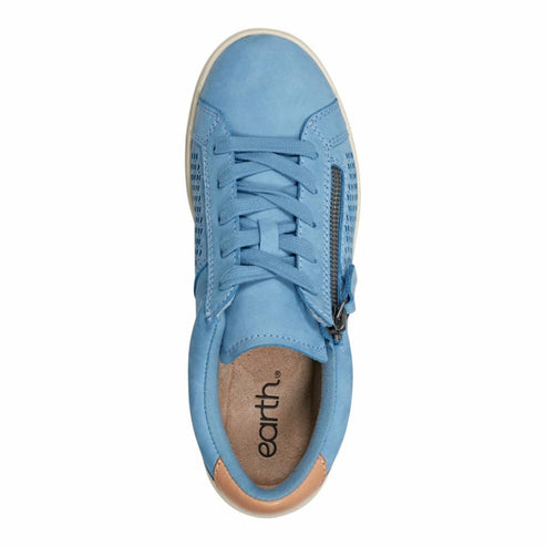 Light blue sneaker with laces and a side zipper.