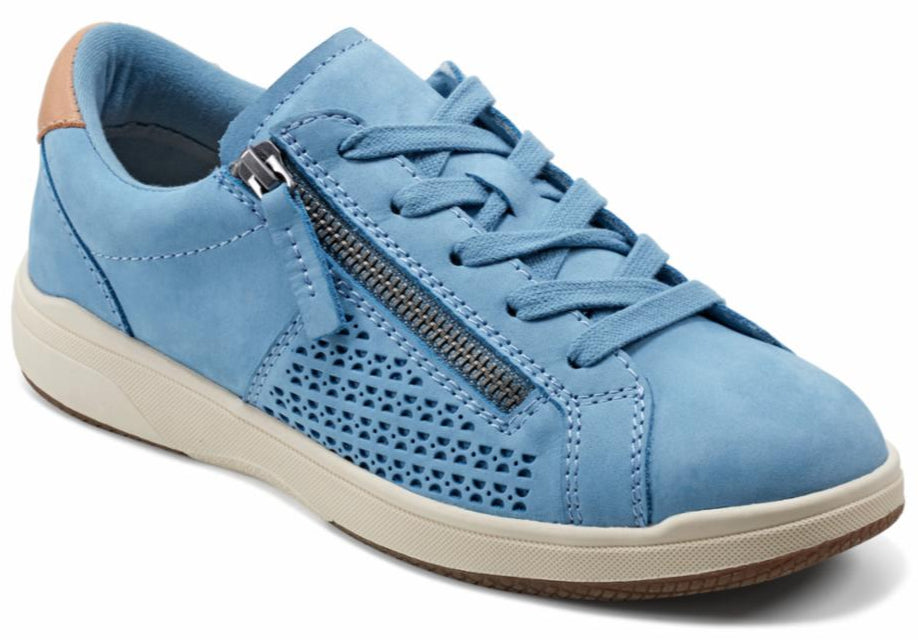 Light blue sneaker with laces and side zipper.