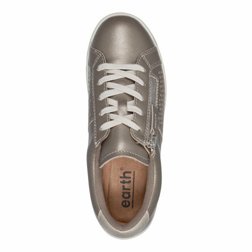 Overhead view of a pewter-colored sneaker with white laces and a side zipper, the footbed displaying the word "earth".
