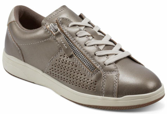 Side view of a bronze leather sneaker with white laces and a side zipper.
