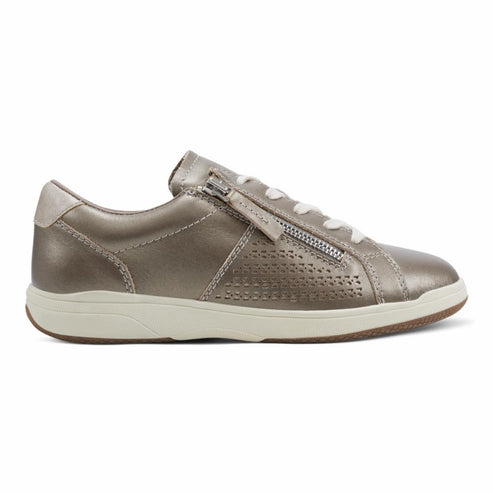 Metallic pewter-colored low-top sneaker with a side zipper, white laces, and a white rubber sole.