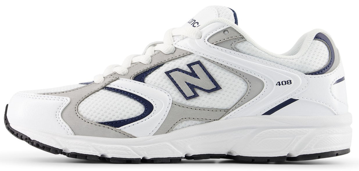 A white sneaker with gray and navy accents.