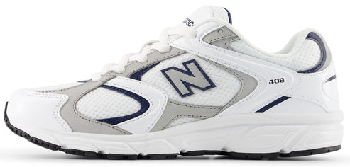 A white sneaker with gray and navy accents.