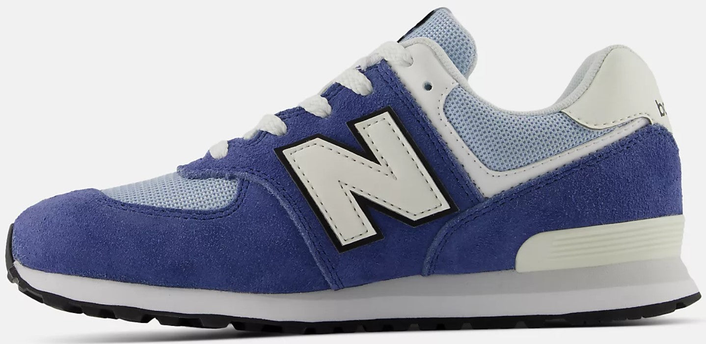 A blue and white running shoe.