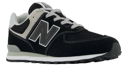 A black shoe with a gray 'N' logo and gray laces.