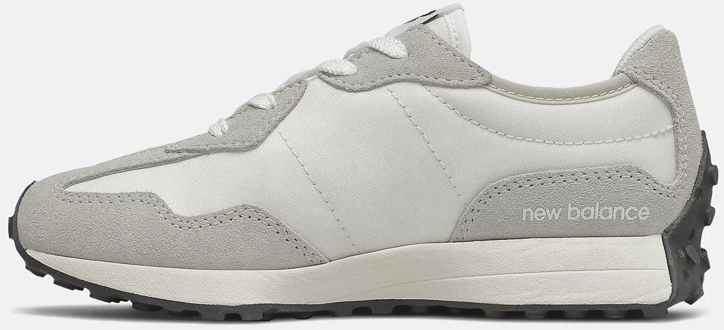 A white and gray running shoe with a black sole.