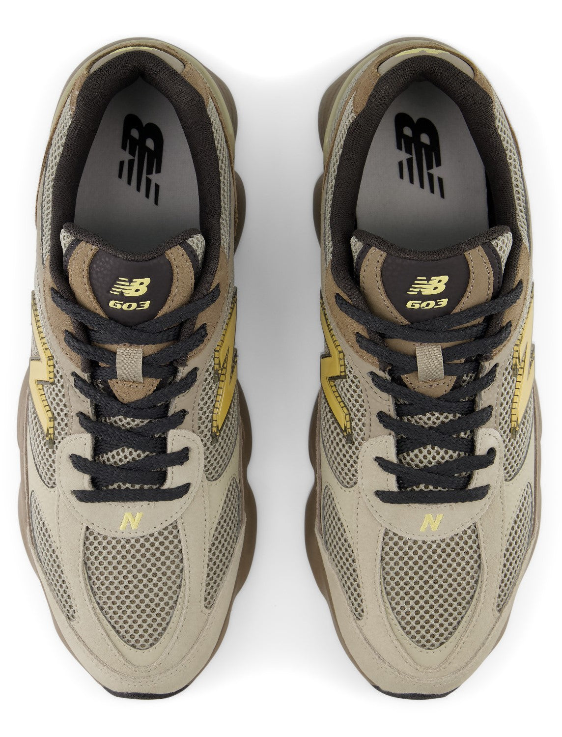 A pair of olive green and tan athletic sneakers shown from a top-down perspective with black laces and the label 603 visible on the tongue.