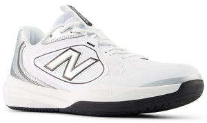 A white athletic shoe with silver accents and a black rubber sole, featuring a large capital letter N logo on the side.