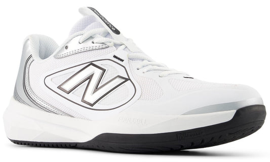 A white athletic shoe with silver accents and a black rubber sole, featuring a large capital letter N logo on the side.