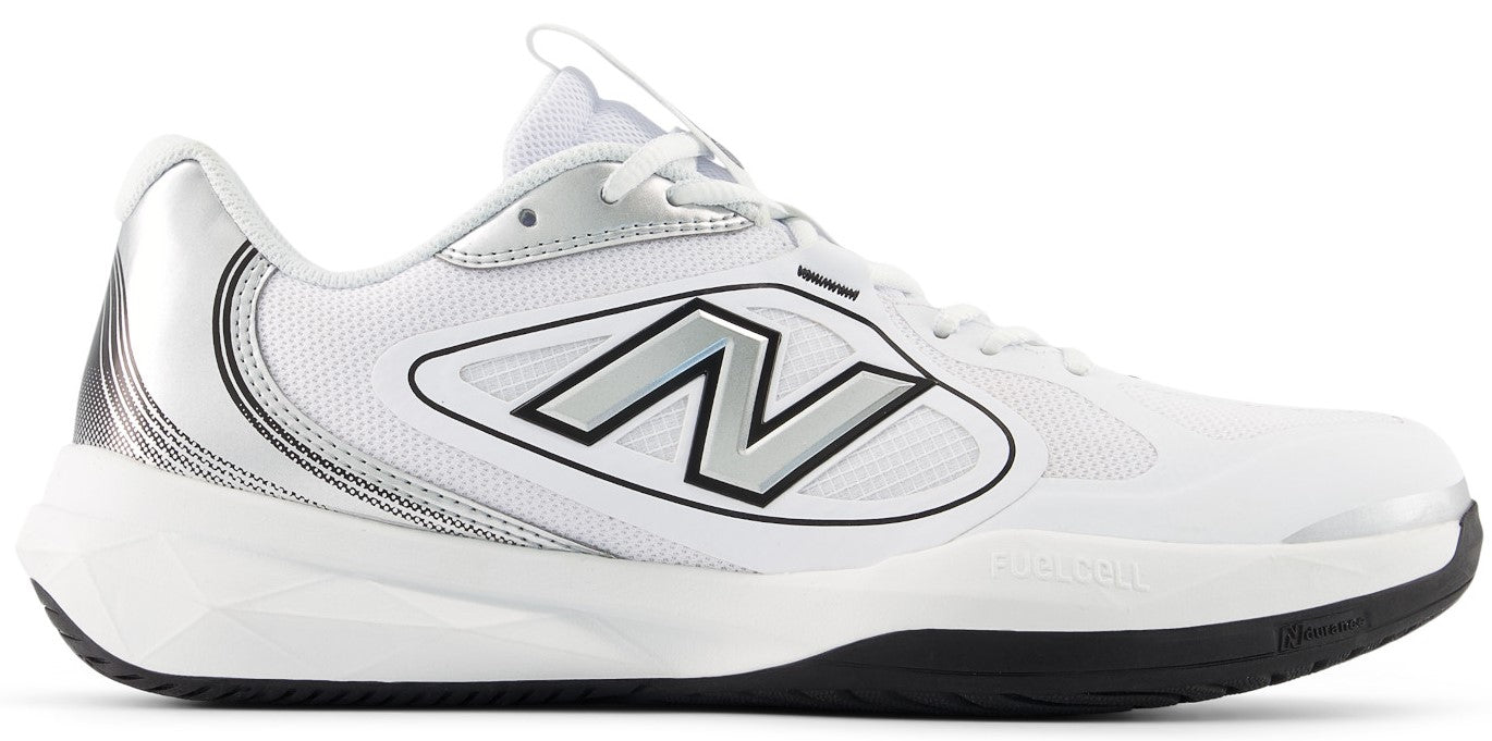 A low-top athletic shoe with a white mesh upper, a silver letter N logo on the side, a white midsole, and a black rubber outsole.