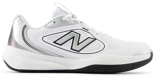 A low-top athletic shoe with a white mesh upper, a silver letter N logo on the side, a white midsole, and a black rubber outsole.